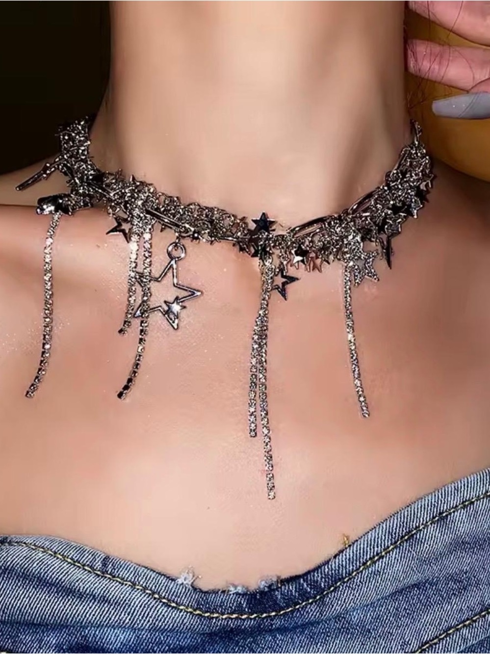 Silver star Charm Chain Choker Necklace/ Gothic Y2K Layered Statement Necklace